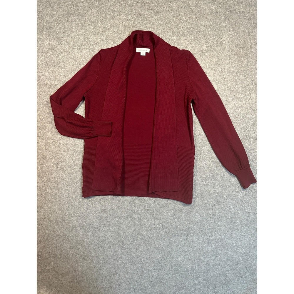 Liz Claiborne Open Front Cardigan Medium Burgundy Ribbed Knit Layering Piece